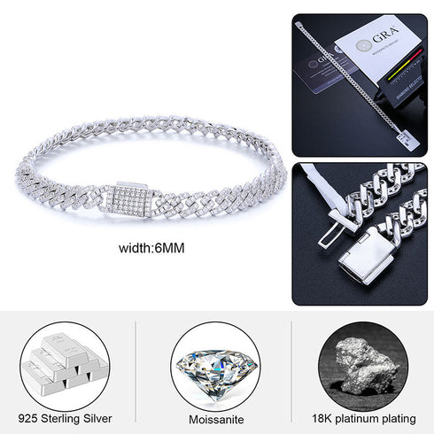 Sterling Silver VVS Moissanite Iced Out Hip Hop Jewelry Cuban Link Bracelet Men Women