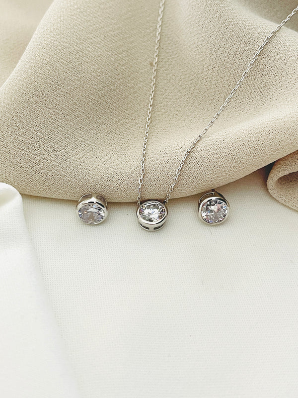 Destiny Eye-Catching Simple CZ Necklace With Matching Stud Earrings In Silver