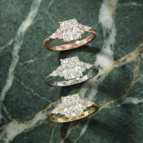 MJ-113 Amelia Three Stone Radiant Diamond Engagement Ring – 925 Silver Gold & Palladium Plated Anniversary Ring