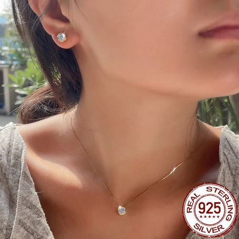 Fine 925 Sterling Silver Gold Plated CZ Round Pendant Necklace & Stud Earrings Jewelry Set