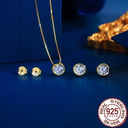 Fine 925 Sterling Silver Gold Plated CZ Round Pendant Necklace & Stud Earrings Jewelry Set