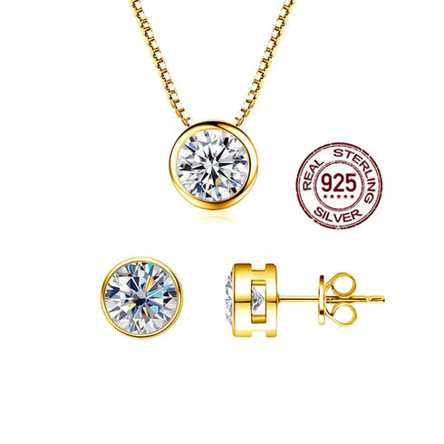 Fine 925 Sterling Silver Gold Plated CZ Round Pendant Necklace & Stud Earrings Jewelry Set